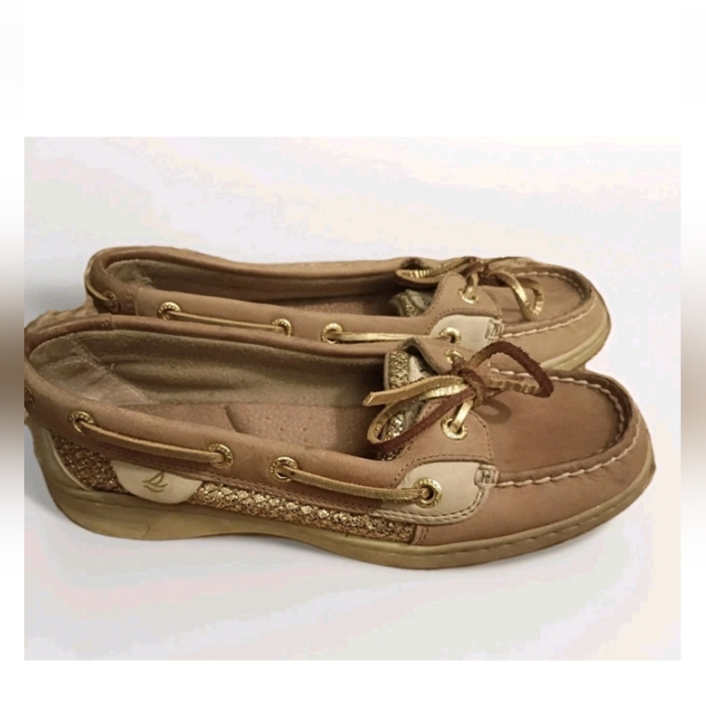 Sperry Angelfish Topsider Boat Shoe Tan Leather Gold Sparkle 5.5 Coastal Preppy